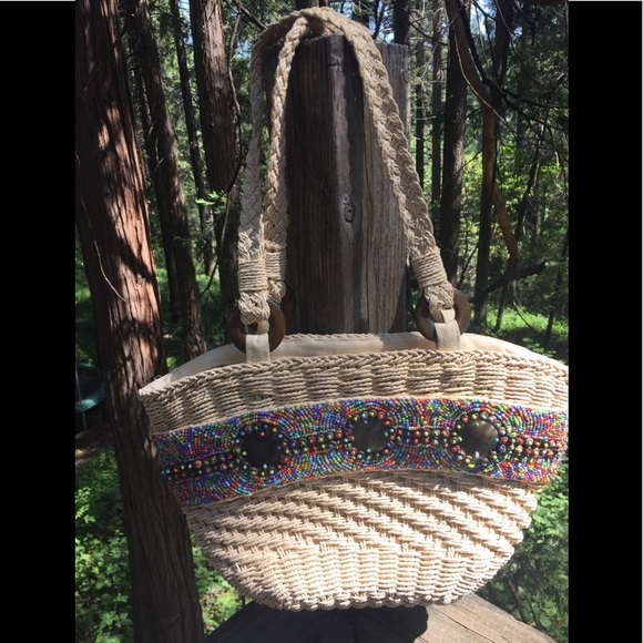 Cappelli Straworld Handbags - Cappelli bead embellished creamy wicker straw bag woven handbag,HP24